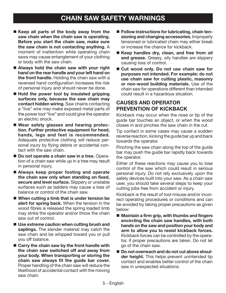 Chain saw safety warnings | Ryobi RY40502 User Manual | Page 5 / 92
