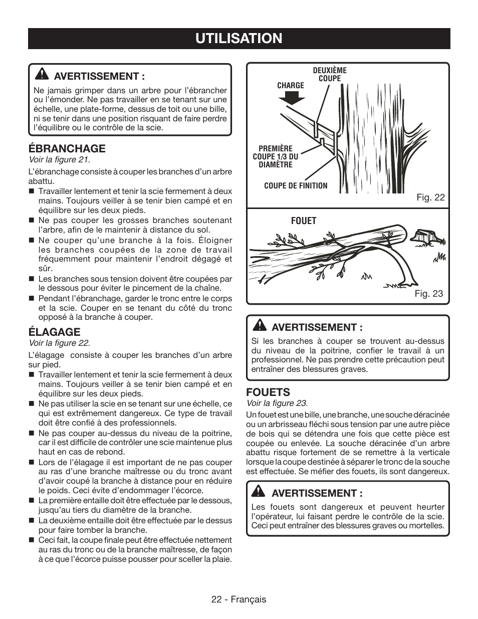 Utilisation, Ébranchage, Élagage | Fouets, Avertissement | Ryobi RY40502 User Manual | Page 51 / 92