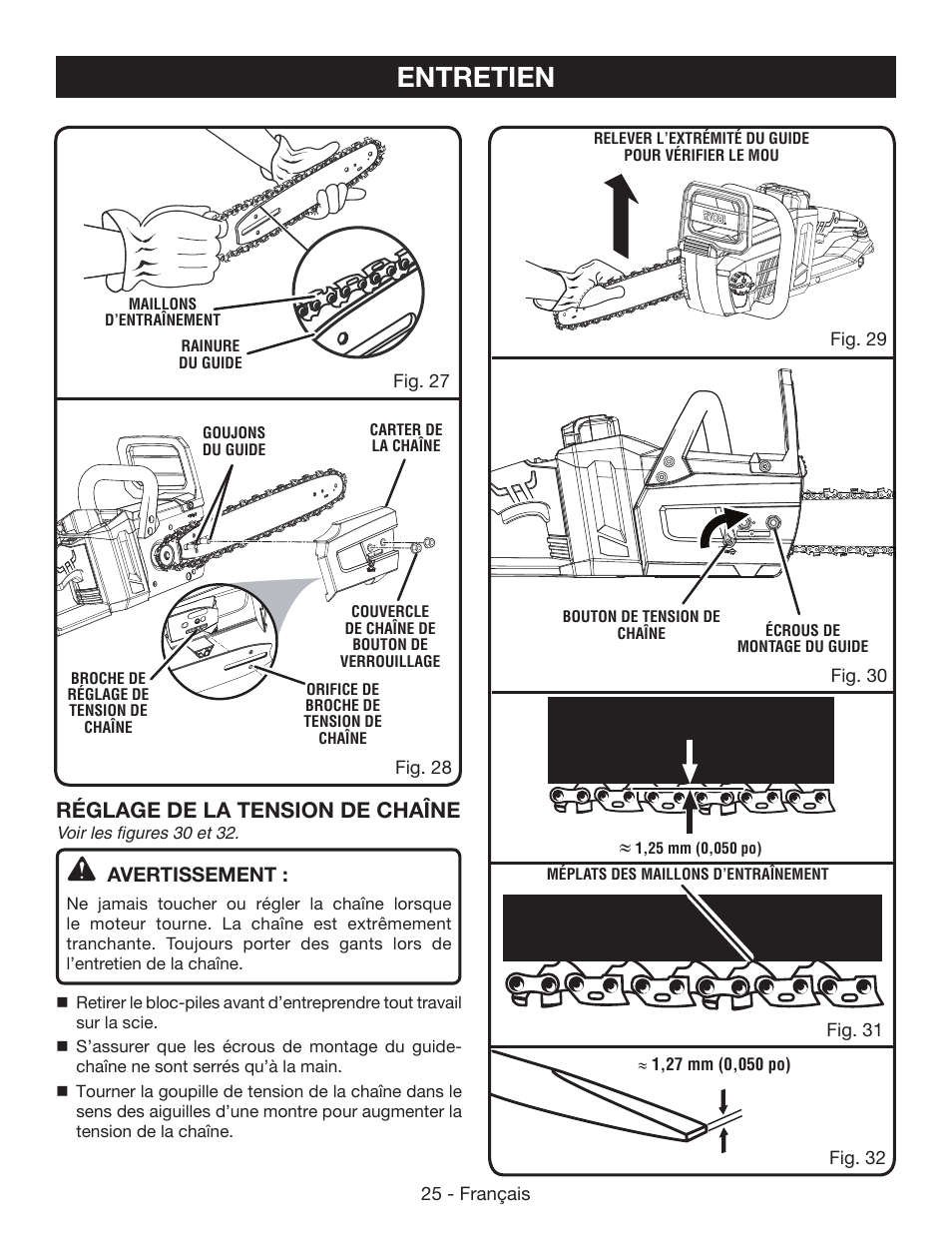 Entretien, Réglage de la tension de chaîne, Avertissement | Ryobi RY40502 User Manual | Page 54 / 92