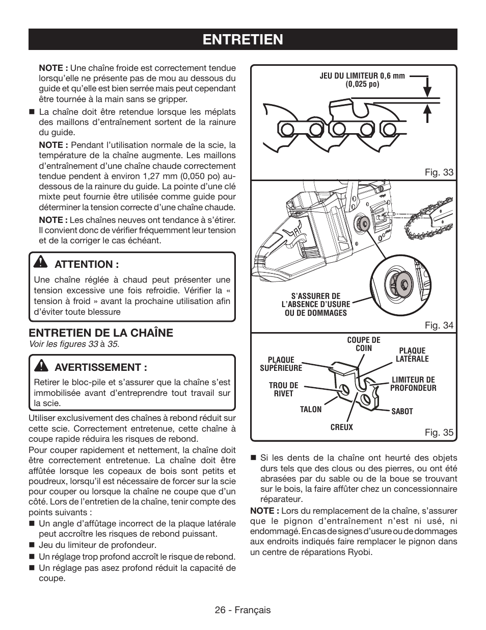Entretien, Entretien de la chaîne | Ryobi RY40502 User Manual | Page 55 / 92
