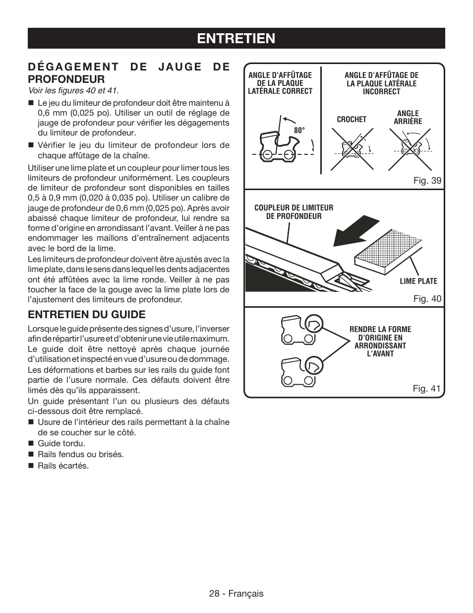 Entretien, Entretien du guide | Ryobi RY40502 User Manual | Page 57 / 92