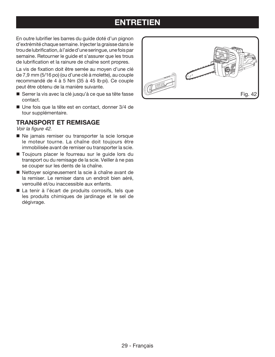 Entretien | Ryobi RY40502 User Manual | Page 58 / 92