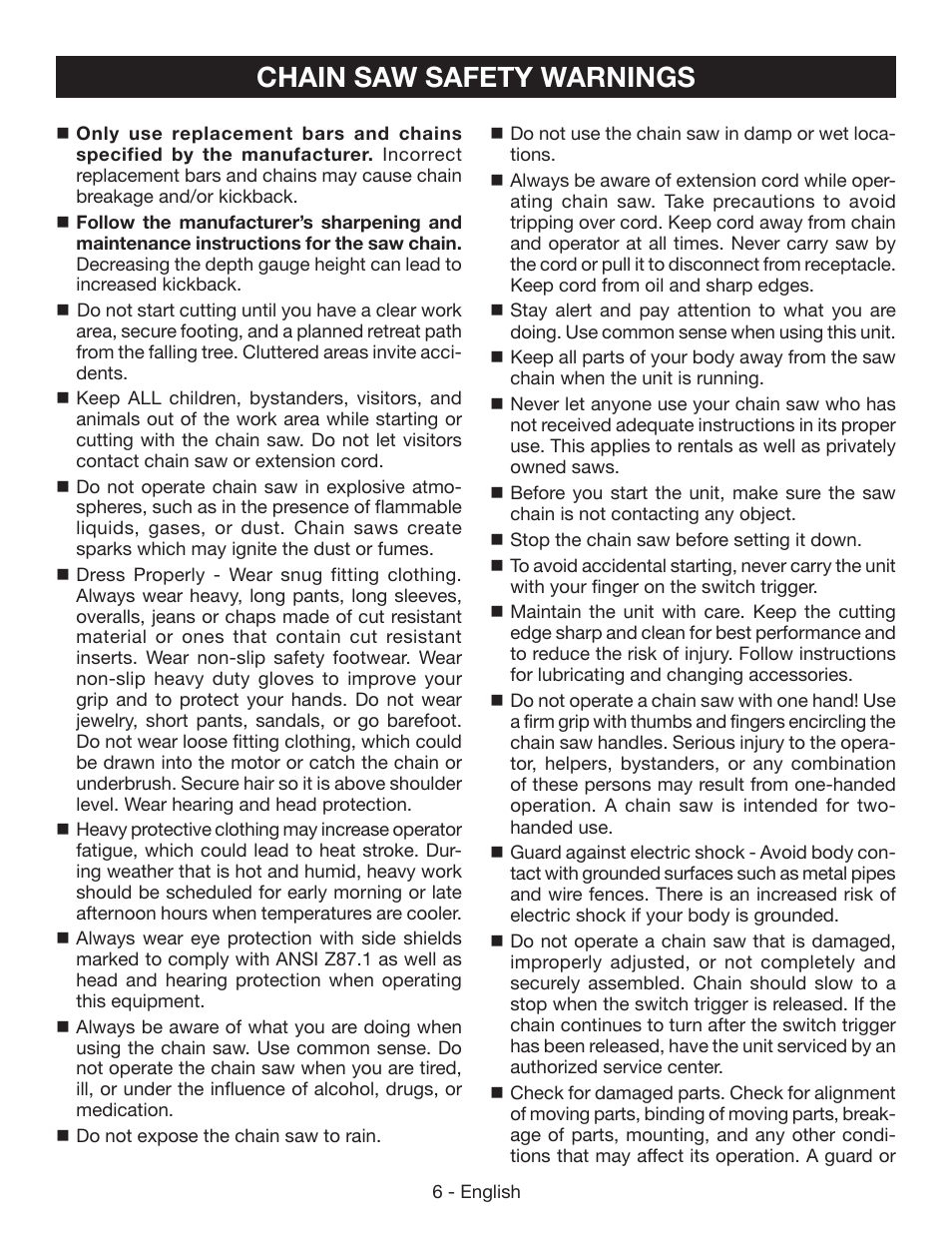 Chain saw safety warnings | Ryobi RY40502 User Manual | Page 6 / 92