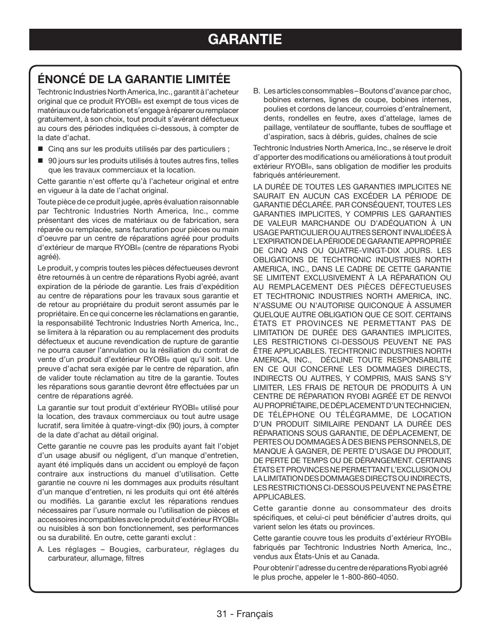 Garantie, Énoncé de la garantie limitée, 31 - français | Ryobi RY40502 User Manual | Page 60 / 92
