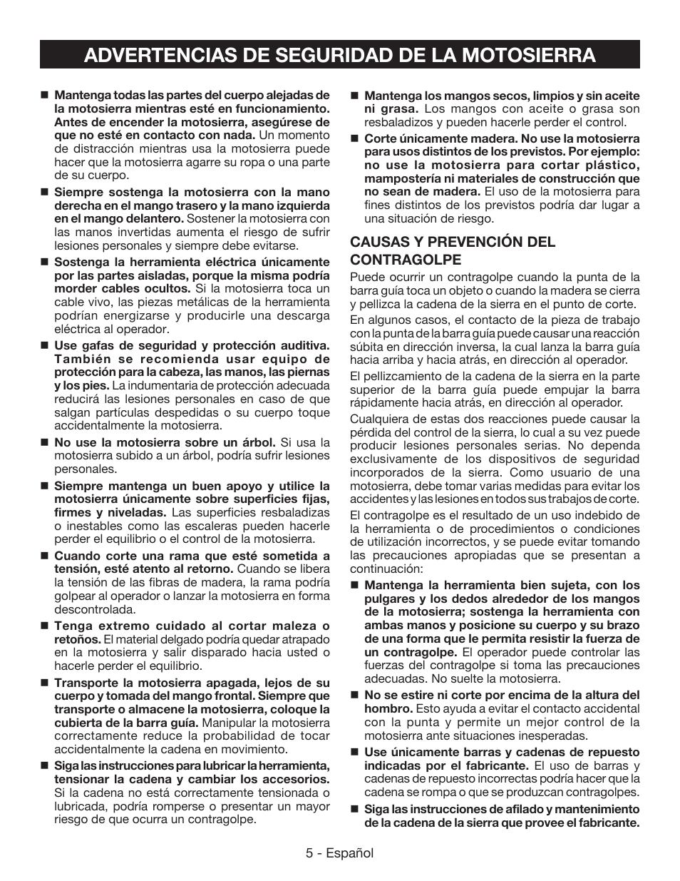 Advertencias de seguridad de la motosierra | Ryobi RY40502 User Manual | Page 63 / 92