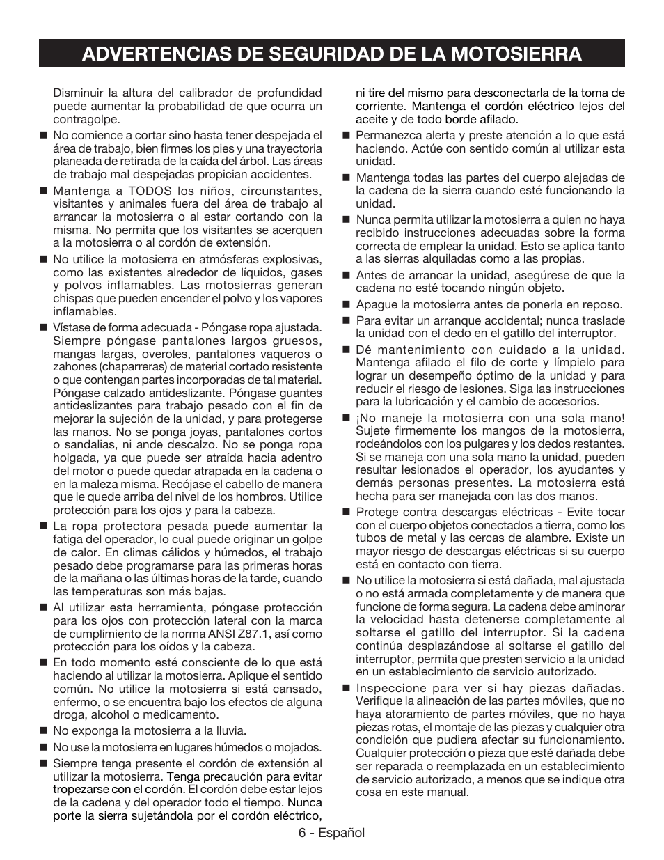 Advertencias de seguridad de la motosierra | Ryobi RY40502 User Manual | Page 64 / 92