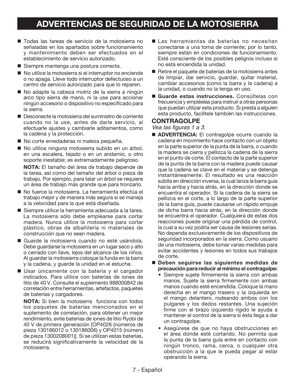 Advertencias de seguridad de la motosierra | Ryobi RY40502 User Manual | Page 65 / 92