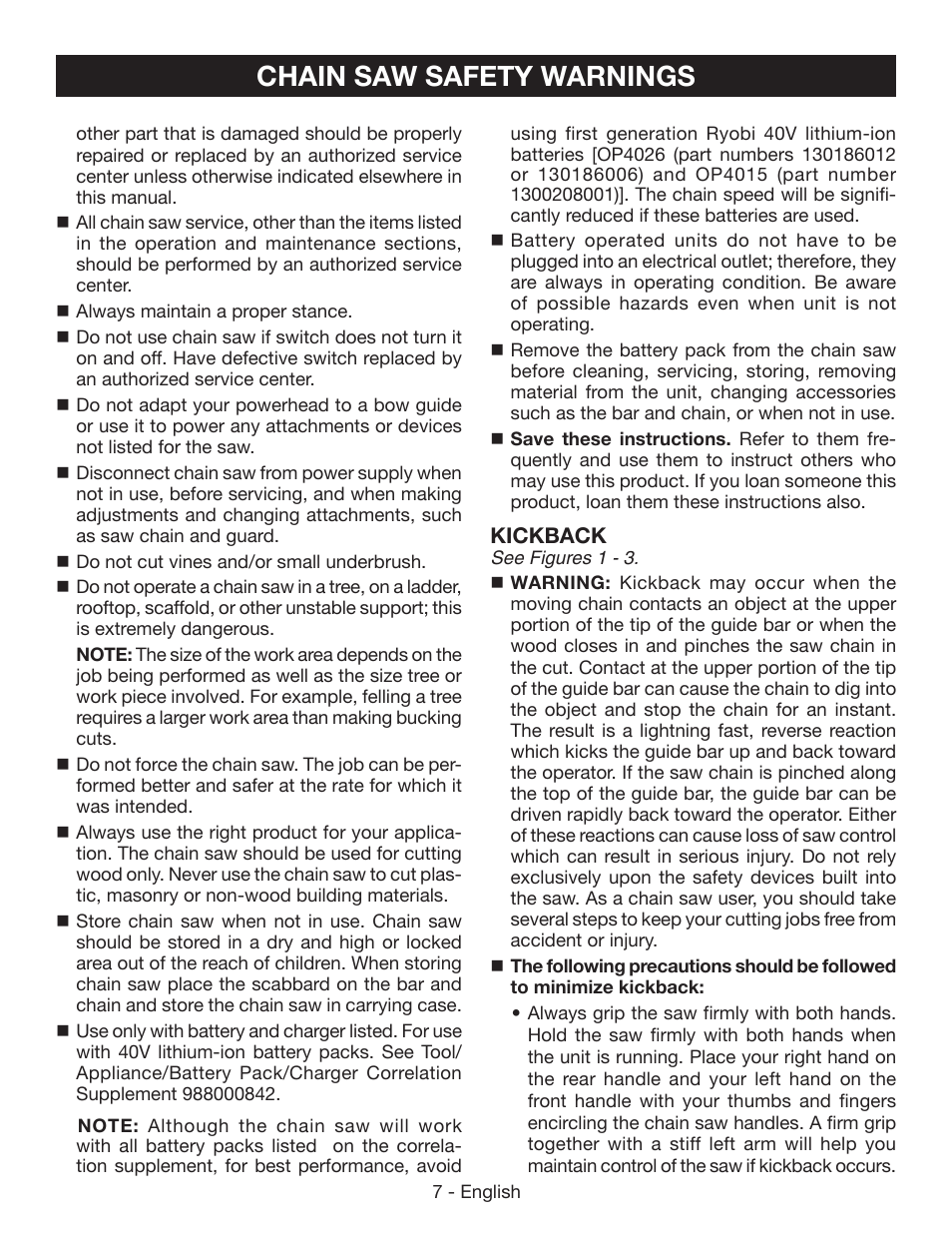 Chain saw safety warnings | Ryobi RY40502 User Manual | Page 7 / 92