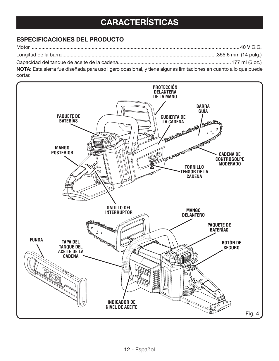 Características, Especificaciones del producto | Ryobi RY40502 User Manual | Page 70 / 92