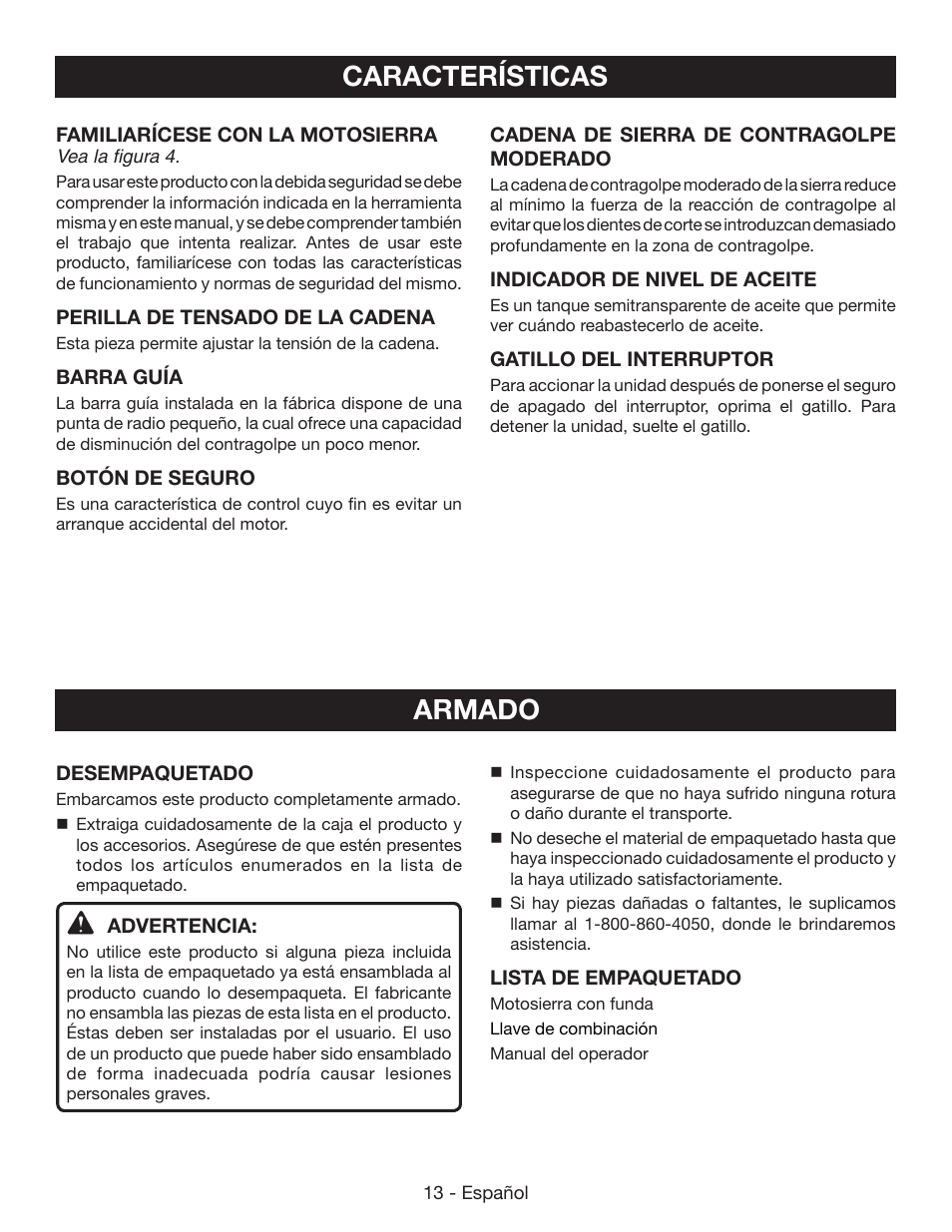 Características, Armado | Ryobi RY40502 User Manual | Page 71 / 92