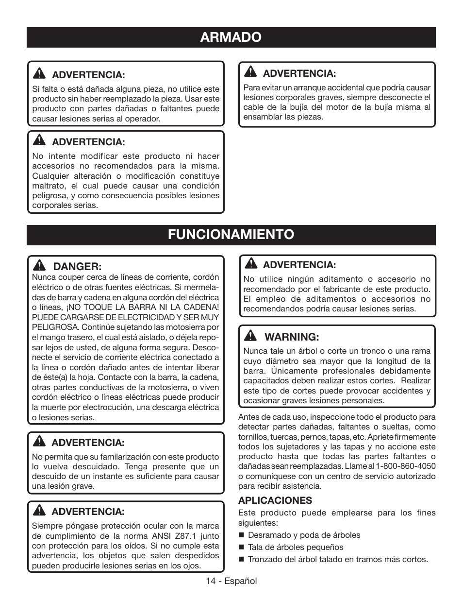 Armado, Funcionamiento | Ryobi RY40502 User Manual | Page 72 / 92