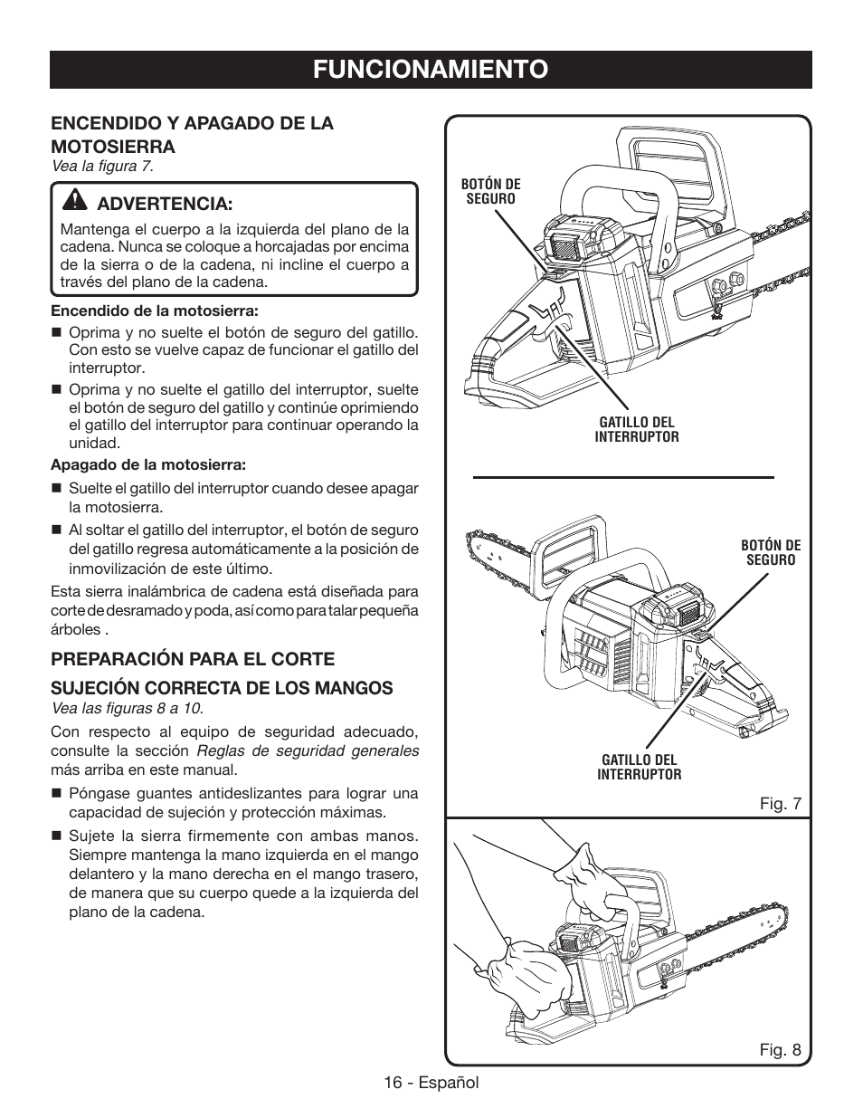 Funcionamiento | Ryobi RY40502 User Manual | Page 74 / 92