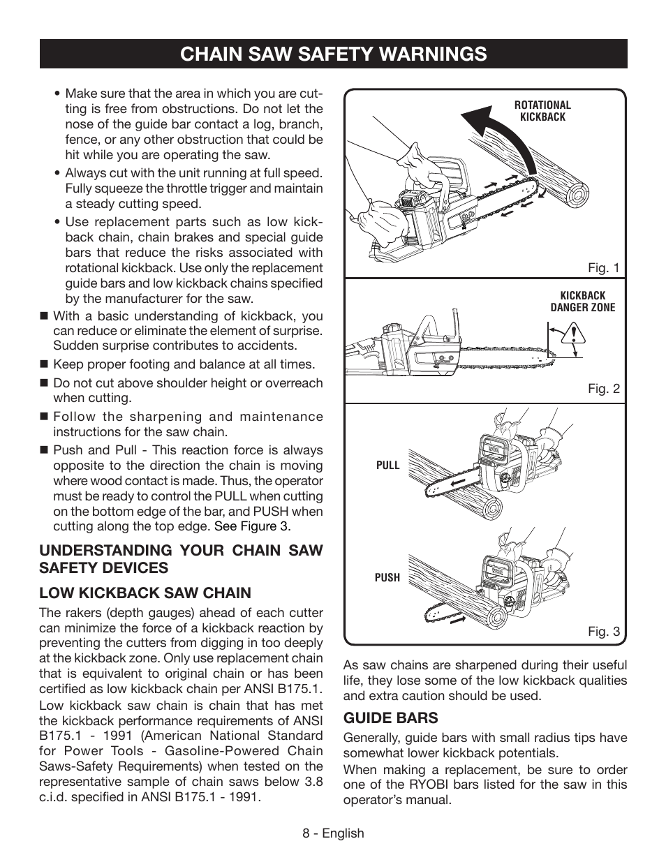 Chain saw safety warnings | Ryobi RY40502 User Manual | Page 8 / 92