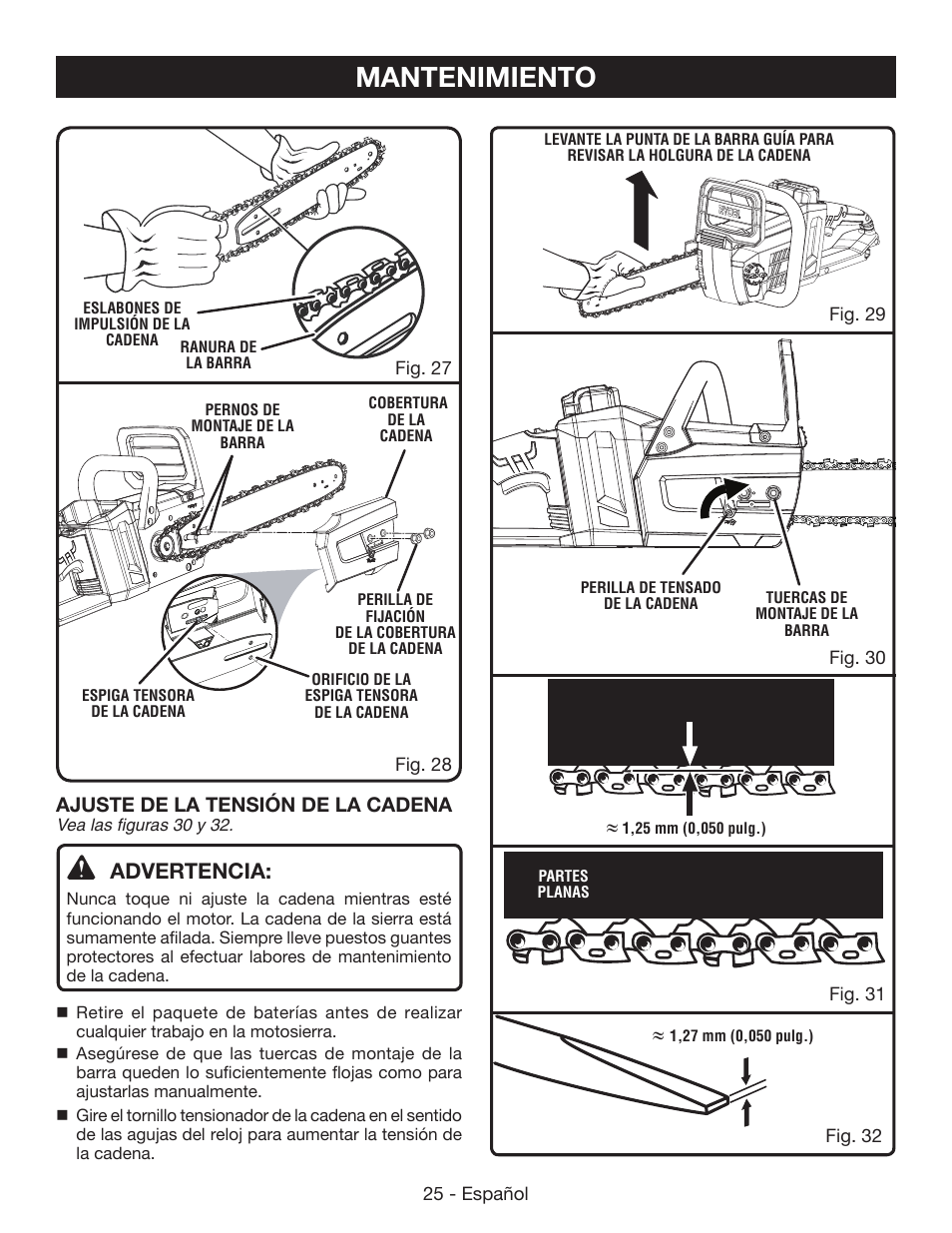 Mantenimiento, Advertencia, Ajuste de la tensión de la cadena | Ryobi RY40502 User Manual | Page 83 / 92