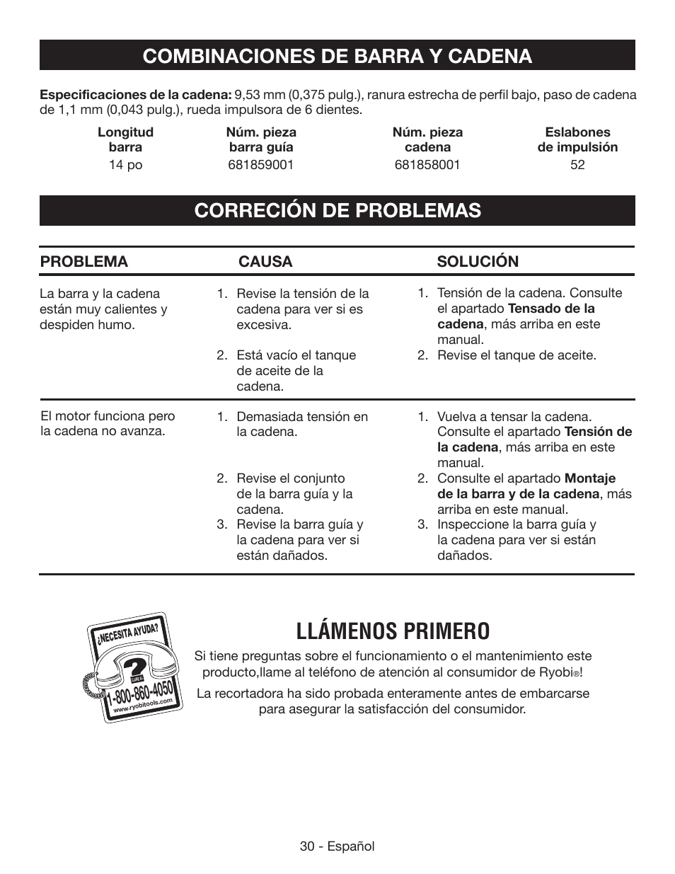 Llámenos primero, Correción de problemas, Combinaciones de barra y cadena | Ryobi RY40502 User Manual | Page 88 / 92