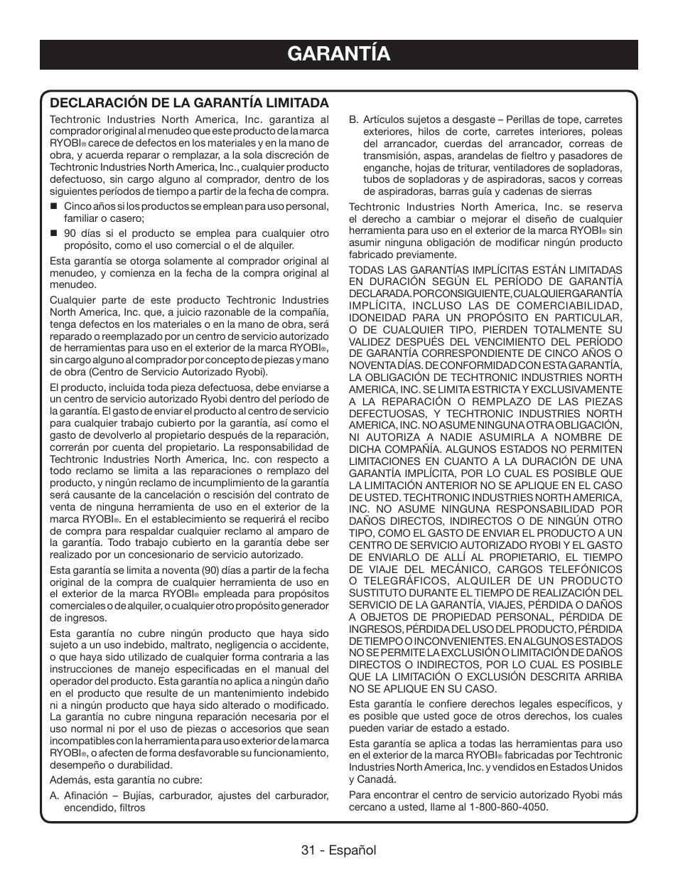 Garantía, 31 - español, Declaración de la garantía limitada | Ryobi RY40502 User Manual | Page 89 / 92