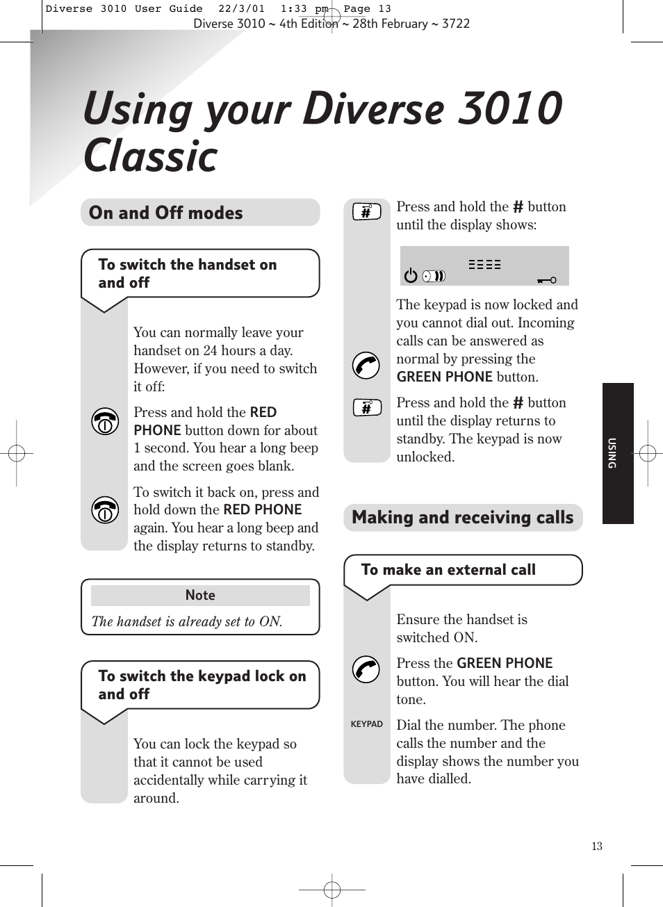 Using your diverse 3010 classic, On and off modes, Making and receiving calls | BT 3010 Classic User Manual | Page 17 / 59