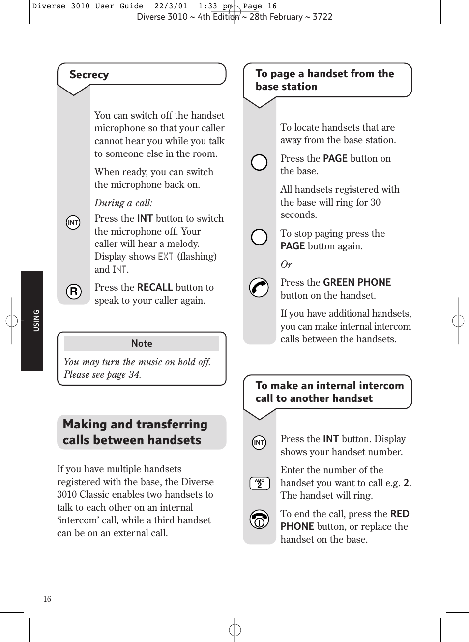 Making and transferring calls between handsets | BT 3010 Classic User Manual | Page 20 / 59