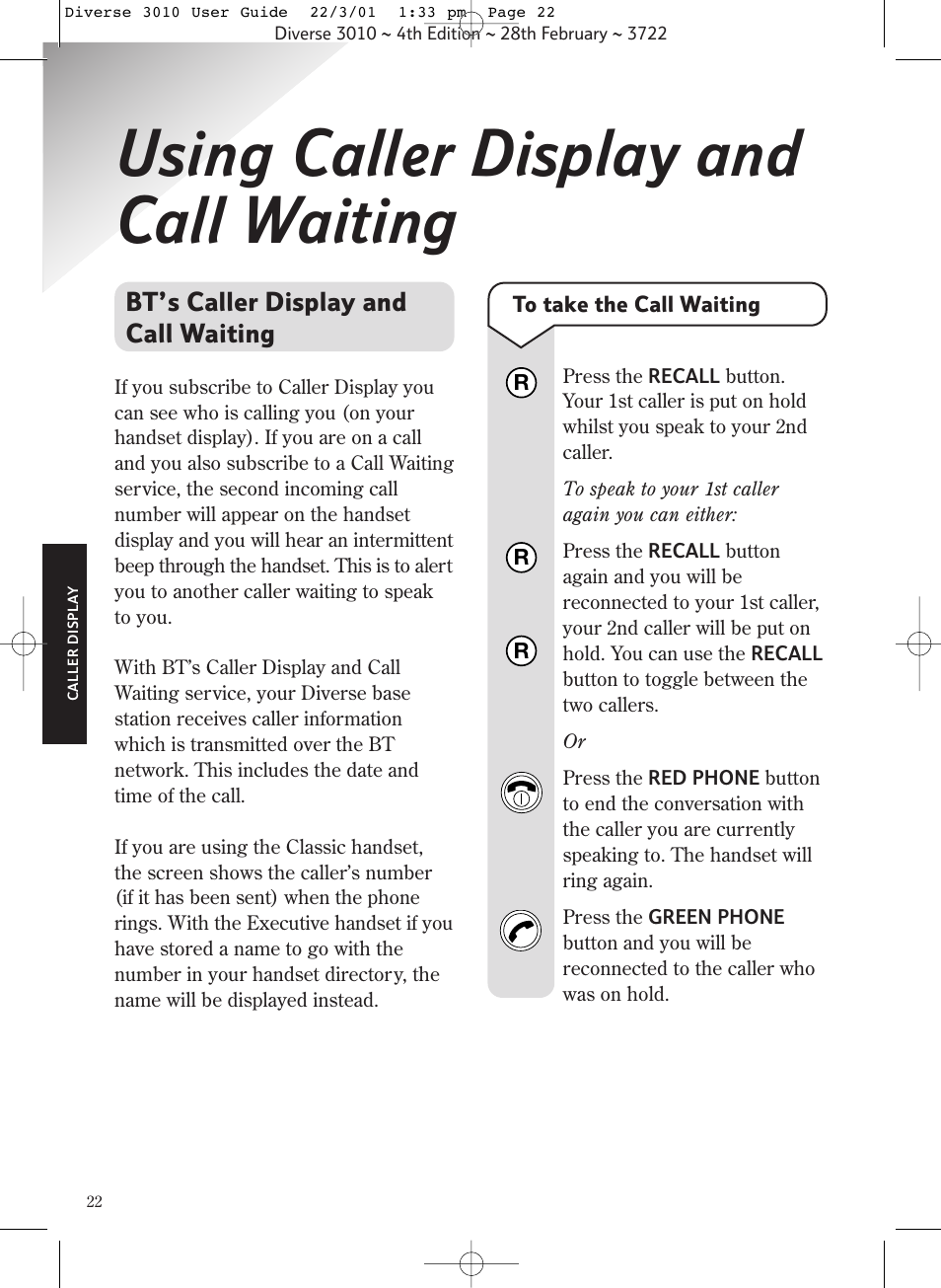 Using caller display and call waiting, Bt’s caller display and call waiting | BT 3010 Classic User Manual | Page 26 / 59
