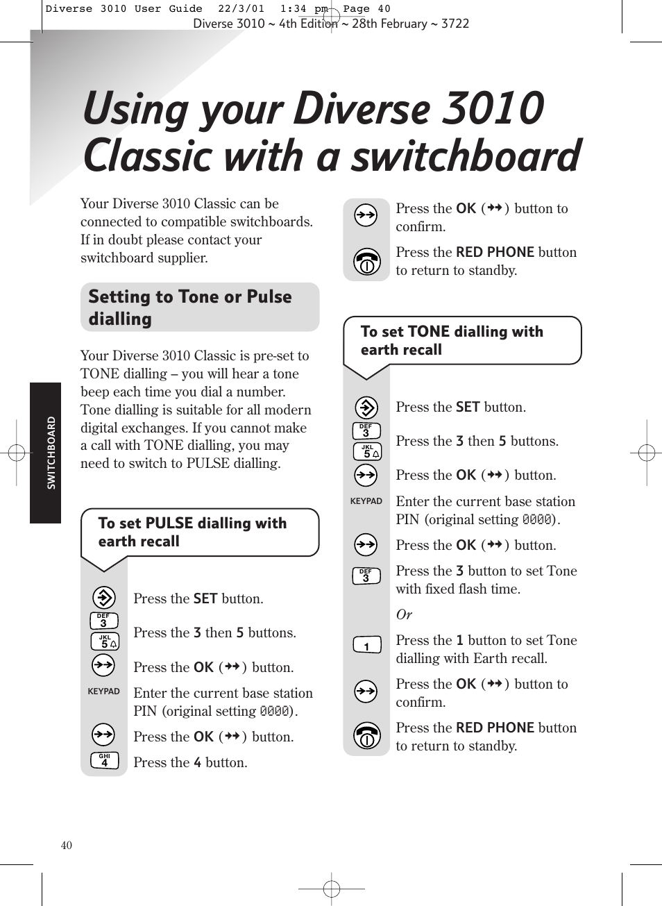 Using your diverse 3010 classic with a switchboard, Setting to tone or pulse dialling | BT 3010 Classic User Manual | Page 44 / 59