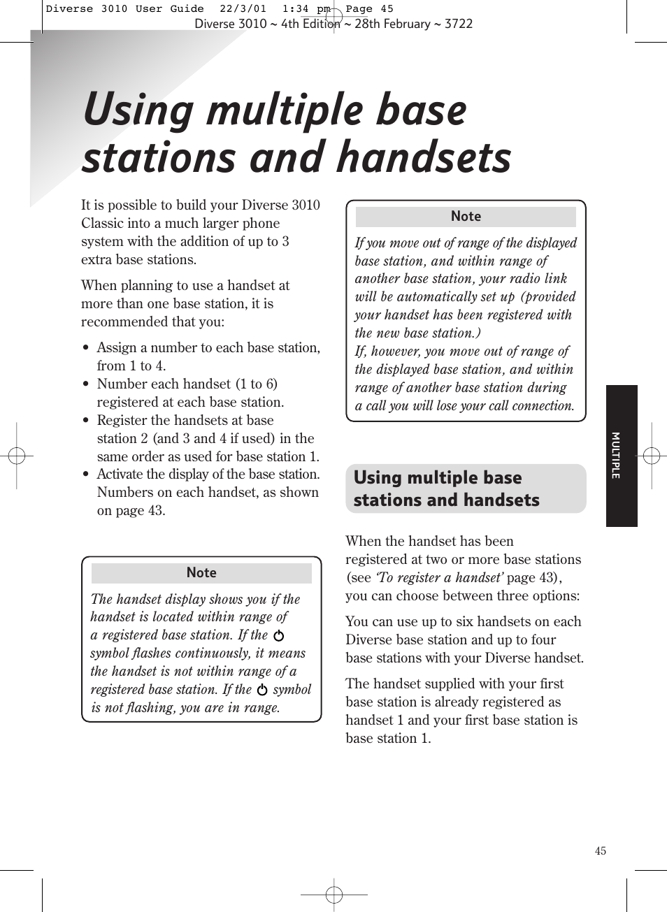 Using multiple base stations and handsets | BT 3010 Classic User Manual | Page 49 / 59