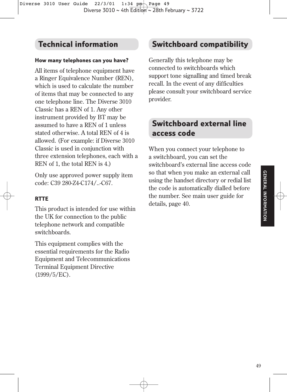 Technical information, Switchboard compatibility, Switchboard external line access code | BT 3010 Classic User Manual | Page 53 / 59