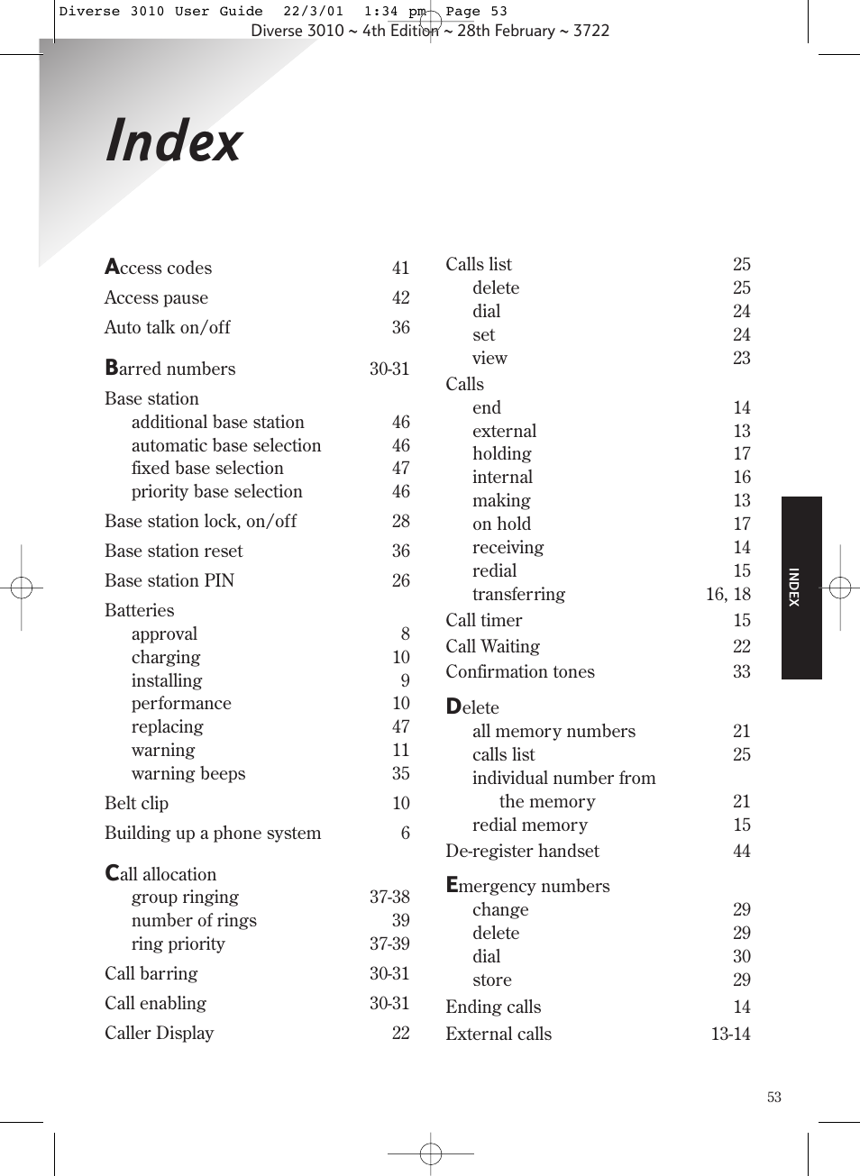 Index | BT 3010 Classic User Manual | Page 57 / 59