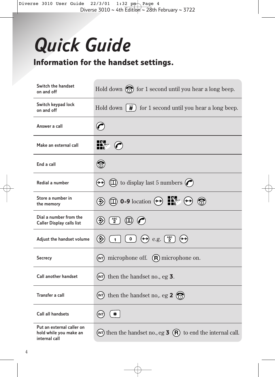 Quick guide, Information for the handset settings | BT 3010 Classic User Manual | Page 8 / 59
