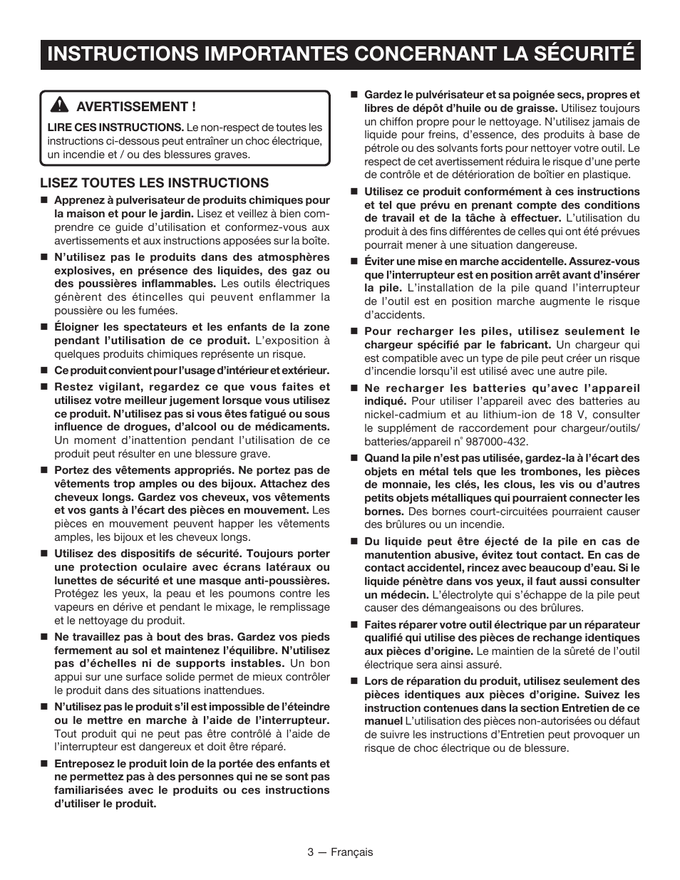 Instructions importantes concernant la sécurité | Ryobi P640K User Manual | Page 13 / 36