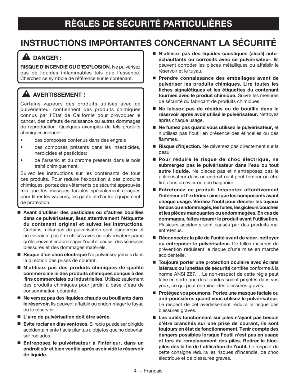 Règles de sécurité particulières, Instructions importantes concernant la sécurité | Ryobi P640K User Manual | Page 14 / 36