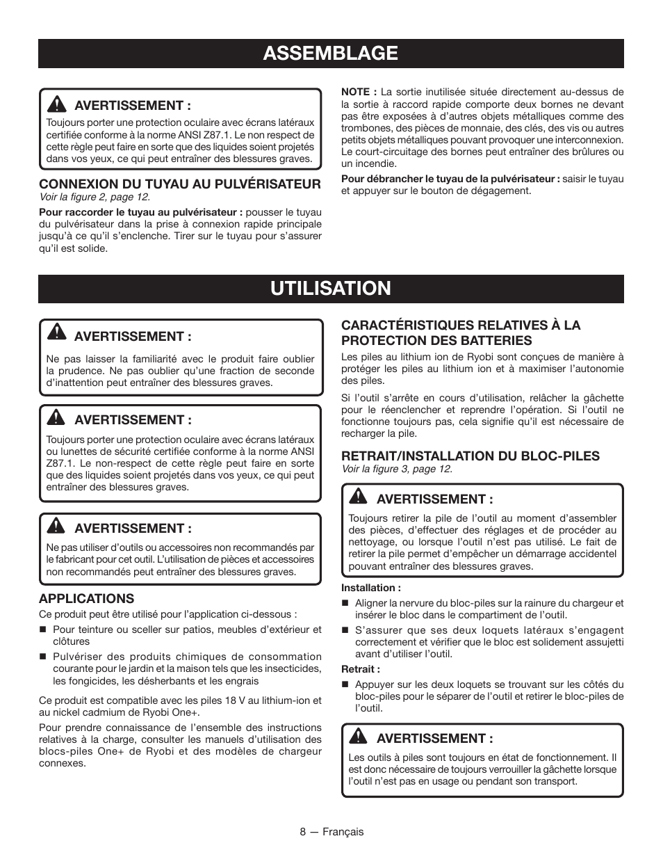 Assemblage, Utilisation | Ryobi P640K User Manual | Page 18 / 36