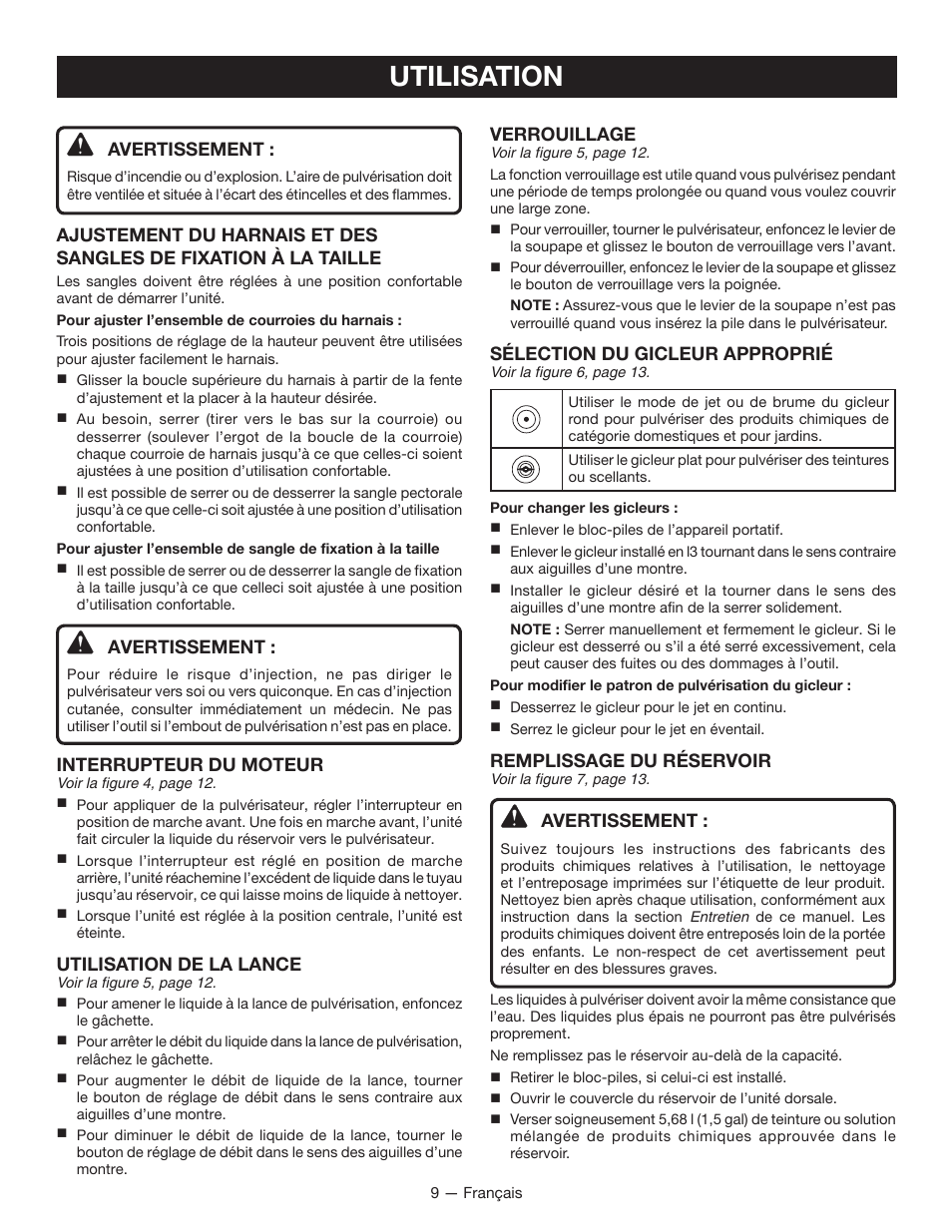 Utilisation, Avertissement, Interrupteur du moteur | Utilisation de la lance, Verrouillage, Sélection du gicleur approprié, Remplissage du réservoir | Ryobi P640K User Manual | Page 19 / 36