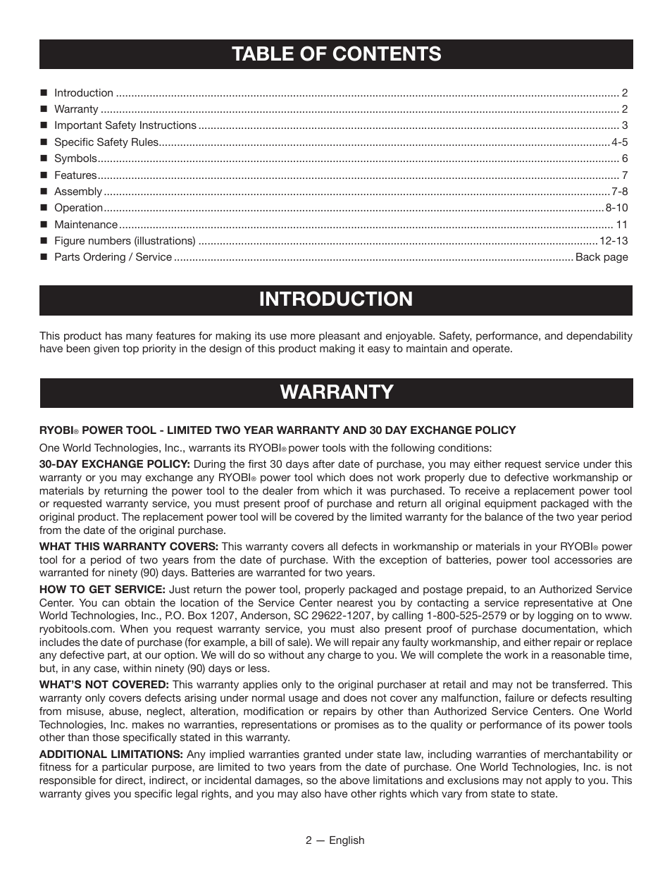 Table of contents introduction, Warranty | Ryobi P640K User Manual | Page 2 / 36