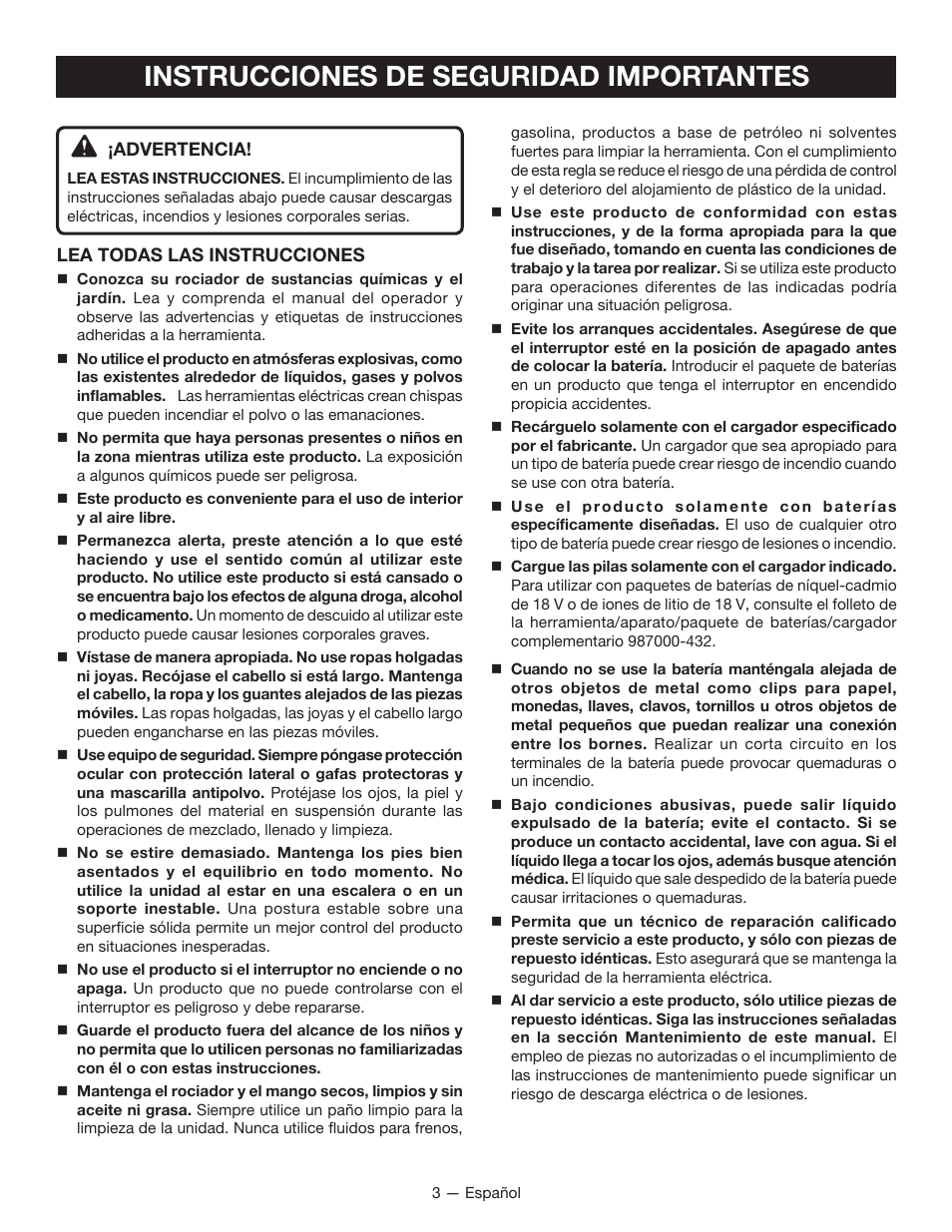 Instrucciones de seguridad importantes | Ryobi P640K User Manual | Page 23 / 36