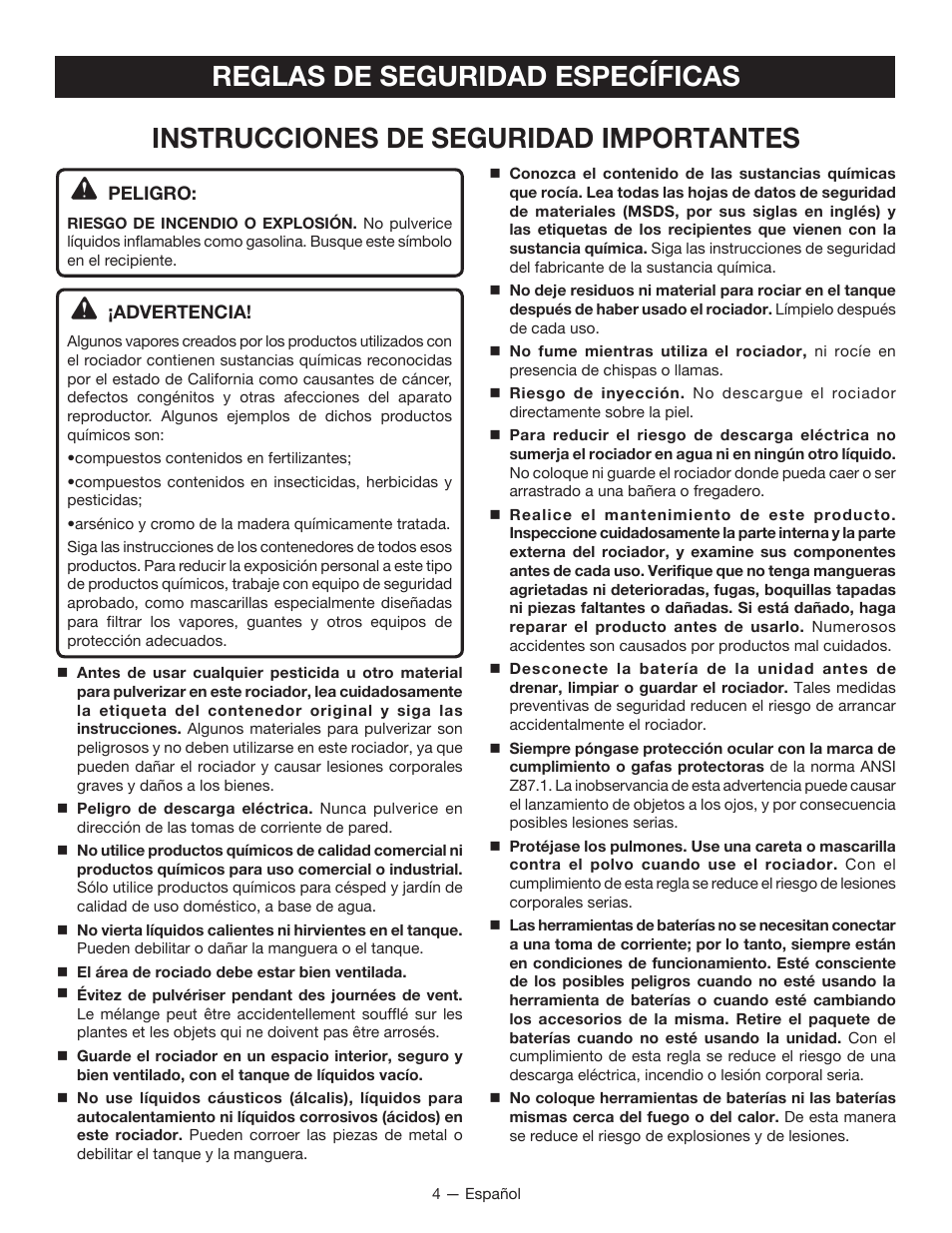 Reglas de seguridad específicas, Instrucciones de seguridad importantes | Ryobi P640K User Manual | Page 24 / 36