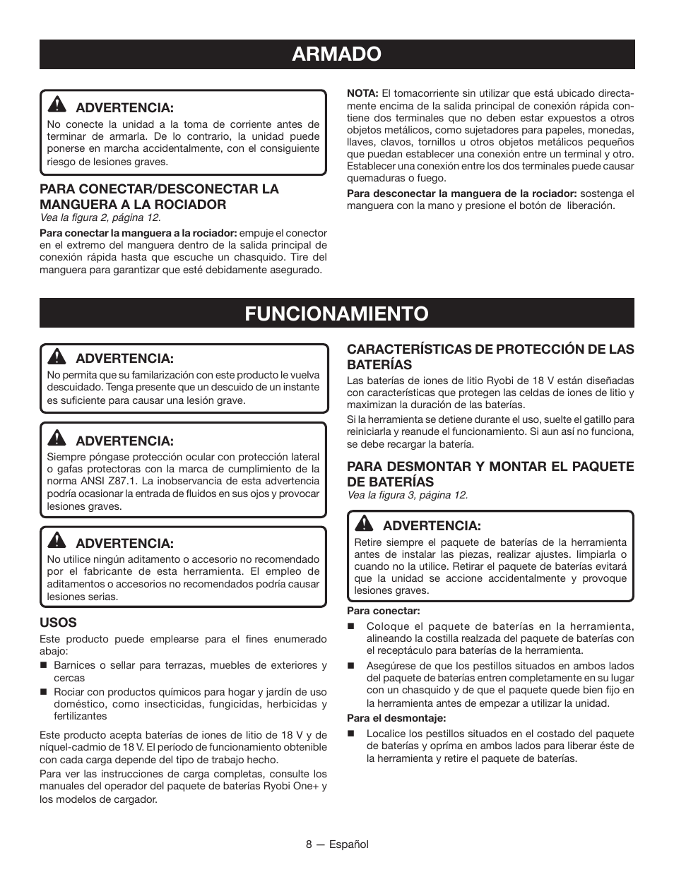 Armado, Funcionamiento | Ryobi P640K User Manual | Page 28 / 36