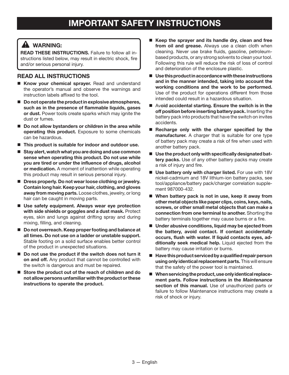 Important safety instructions | Ryobi P640K User Manual | Page 3 / 36