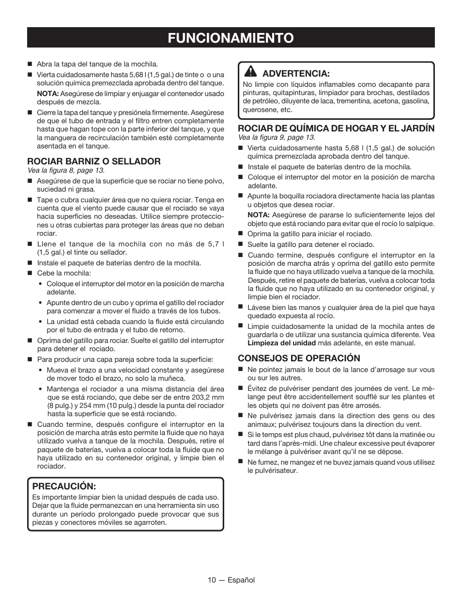 Funcionamiento, Rociar barniz o sellador, Precaución | Advertencia, Rociar de química de hogar y el jardín, Consejos de operación | Ryobi P640K User Manual | Page 30 / 36