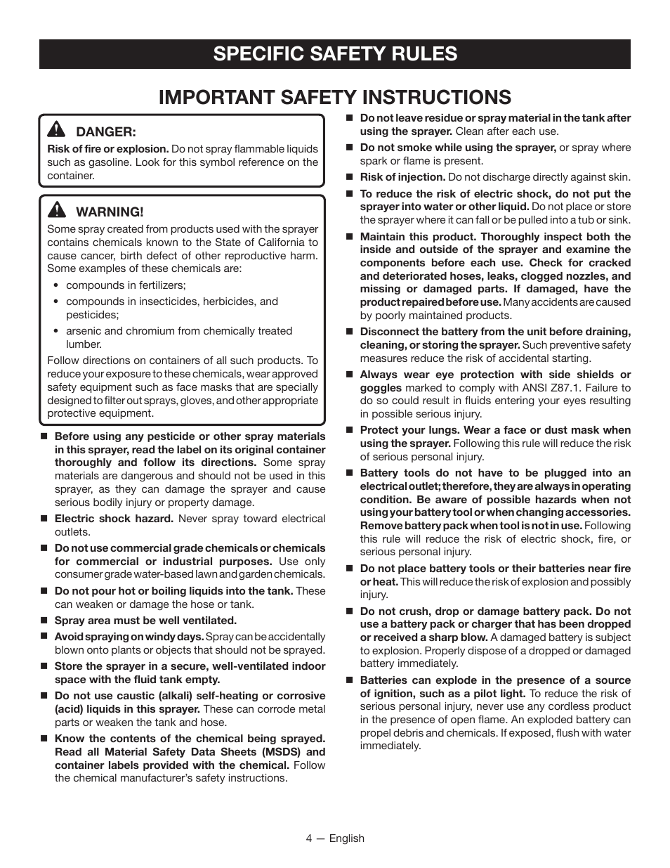 Specific safety rules, Important safety instructions | Ryobi P640K User Manual | Page 4 / 36