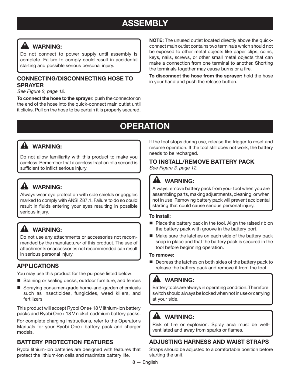 Assembly, Operation | Ryobi P640K User Manual | Page 8 / 36