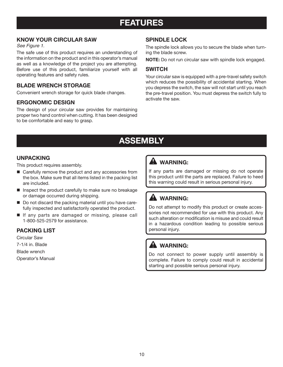 Features, Assembly | Ryobi CSB122 User Manual | Page 10 / 22