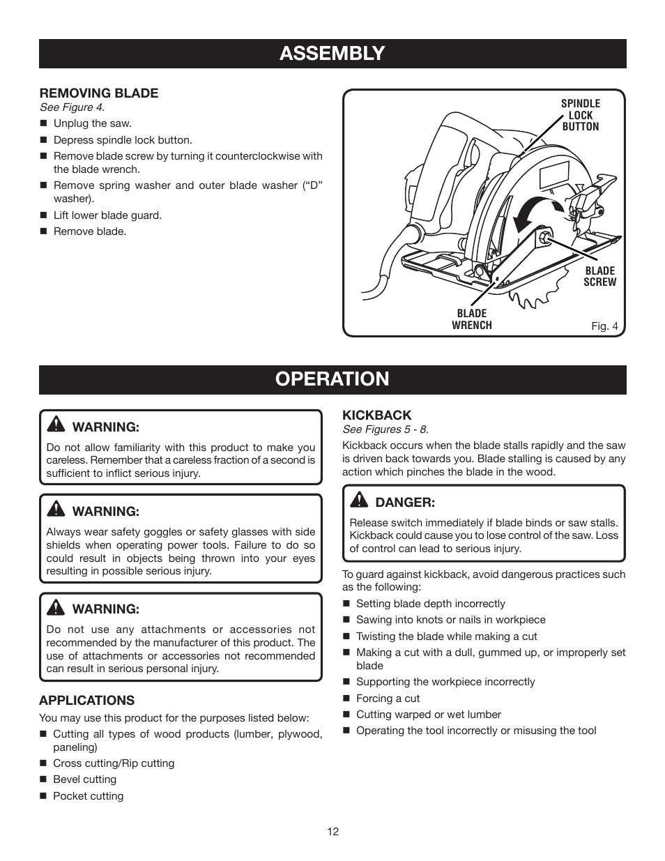 Assembly, Operation | Ryobi CSB122 User Manual | Page 12 / 22