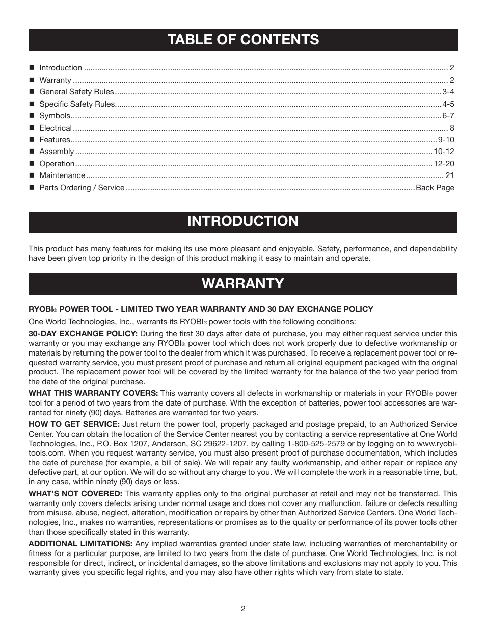 Table of contents introduction, Warranty | Ryobi CSB122 User Manual | Page 2 / 22