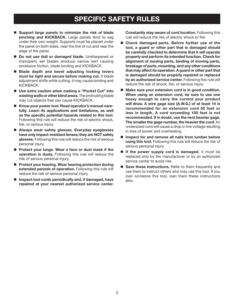 Specific safety rules | Ryobi CSB122 User Manual | Page 5 / 22