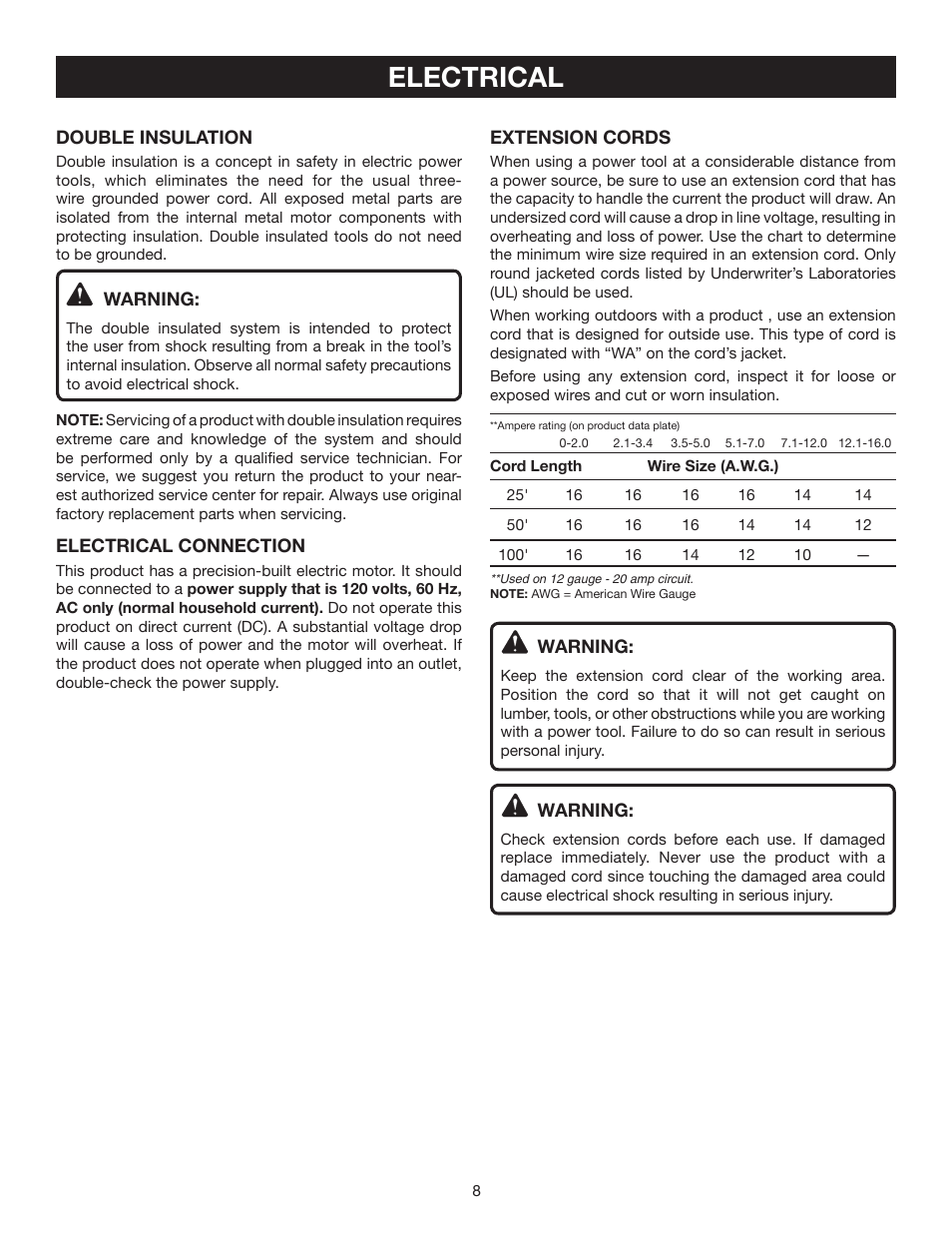 Electrical | Ryobi CSB122 User Manual | Page 8 / 22