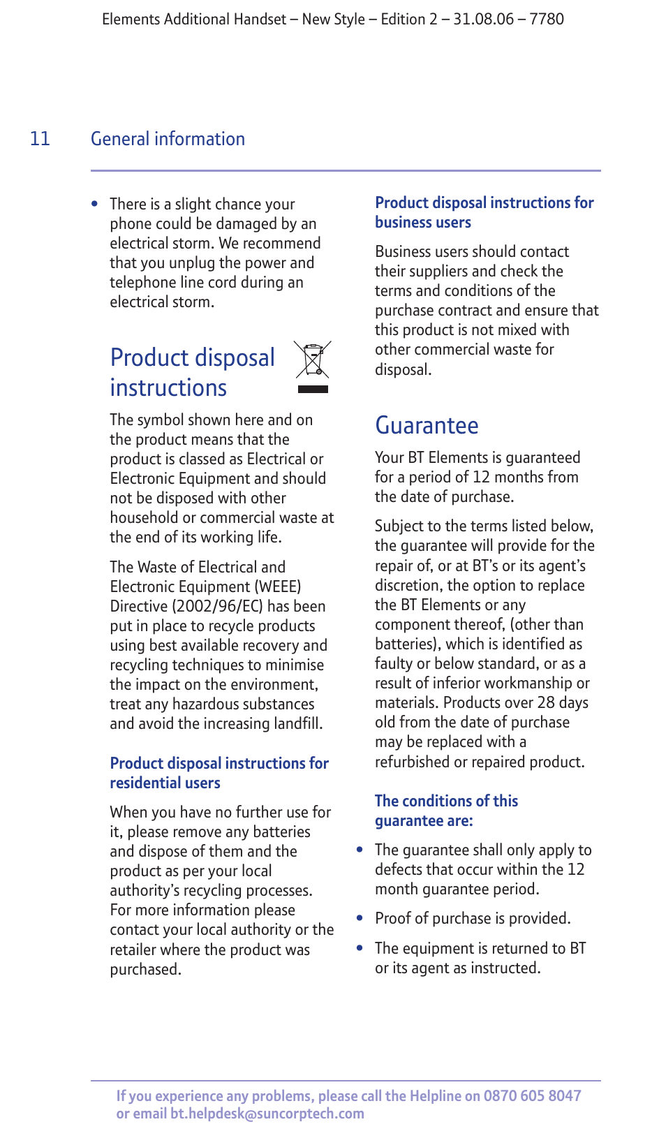 Product disposal instructions, Guarantee | BT 7780 User Manual | Page 11 / 14