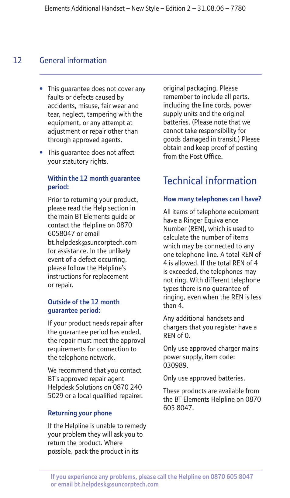 Technical information, General information 12 | BT 7780 User Manual | Page 12 / 14