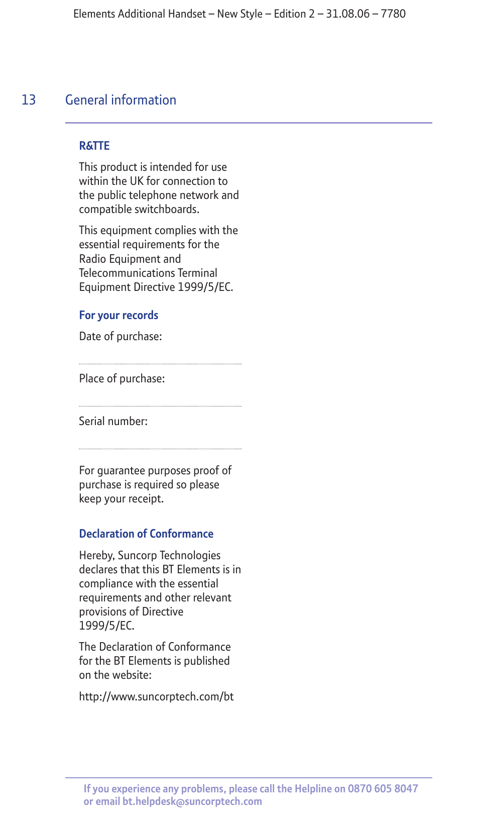 General information 13 | BT 7780 User Manual | Page 13 / 14