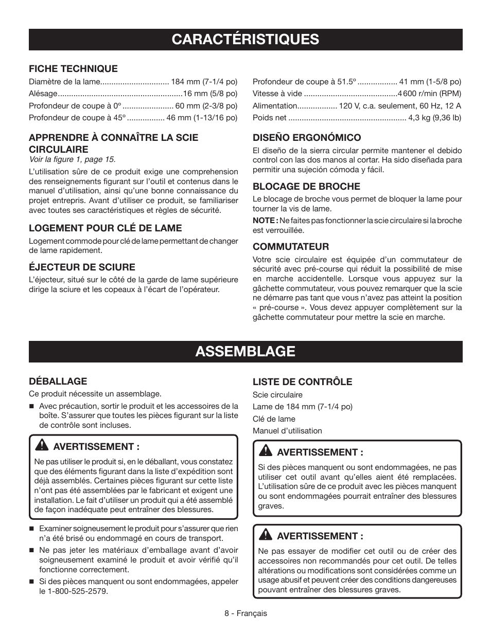 Caractéristiques, Assemblage | Ryobi CSB123 User Manual | Page 21 / 48
