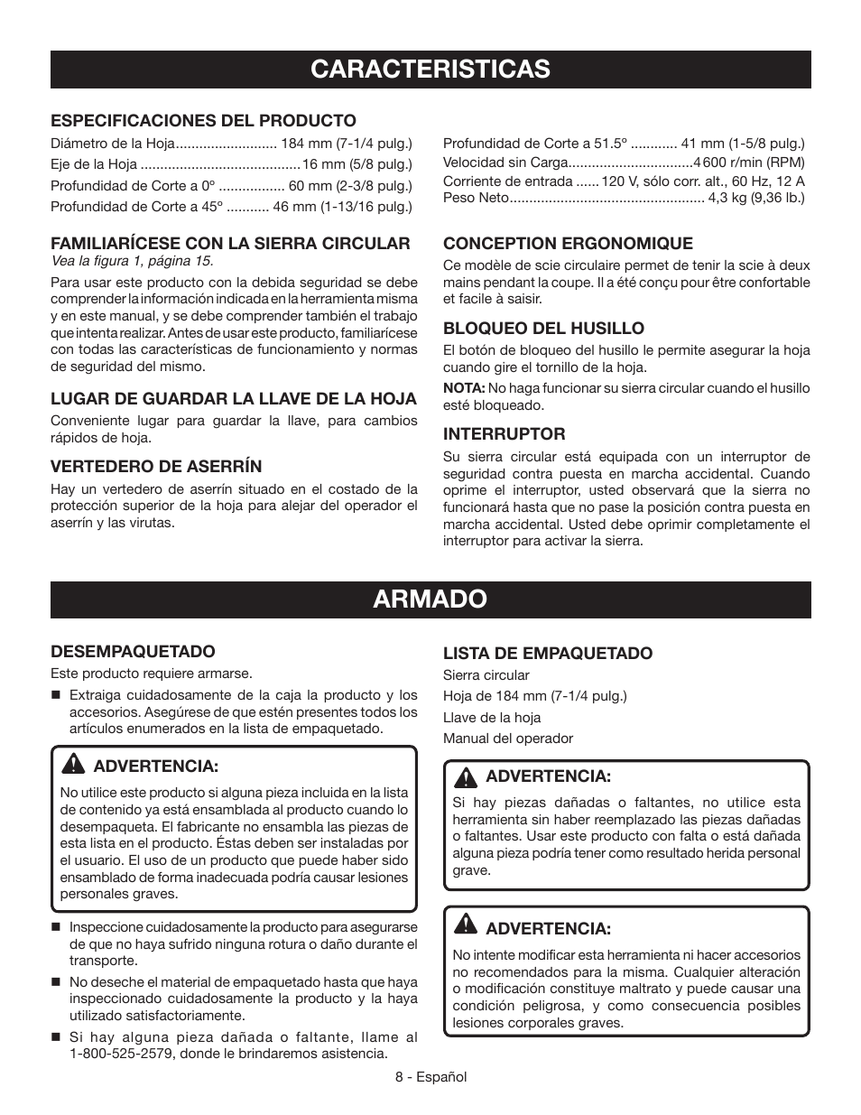 Caracteristicas, Armado | Ryobi CSB123 User Manual | Page 34 / 48